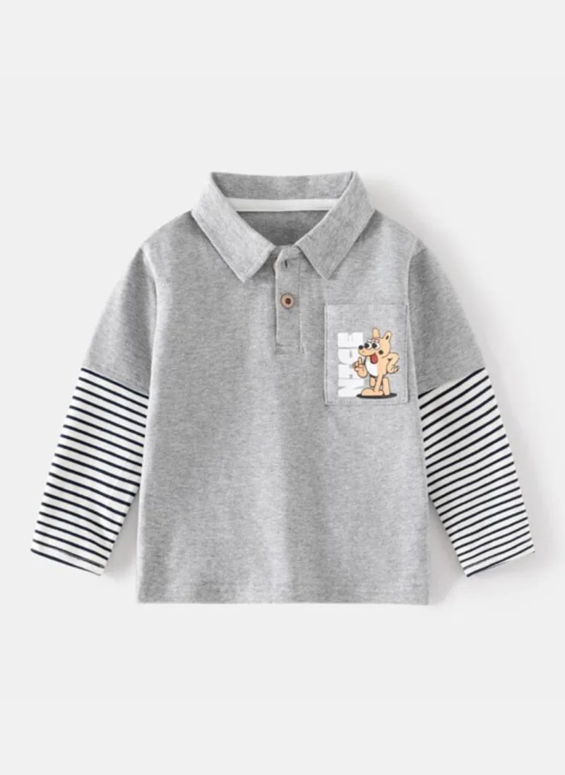 YUNIQEE Grey Striped Polo Collar Long Sleeves Tshirt