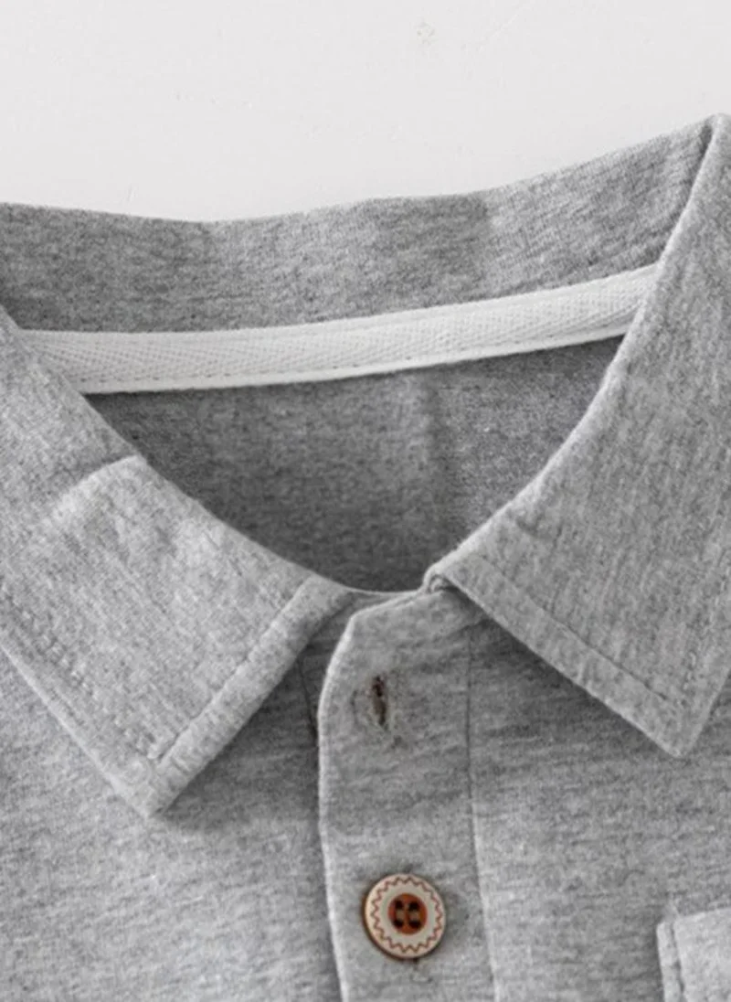 يونيكي Grey Striped Polo Collar Long Sleeves Tshirt