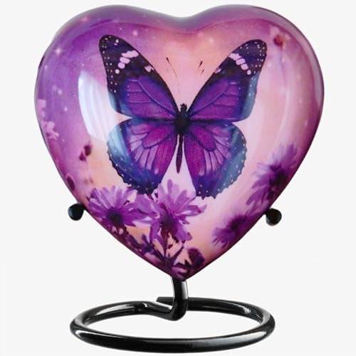 Olivia Memorials Urn for Ashes Women Men - Cremation Urns for Adult Male Female Human - Large Urns for Mom - mall Mini Keepsake (Purple Butterfly, Heart-Shaped with Stand) - Image 1