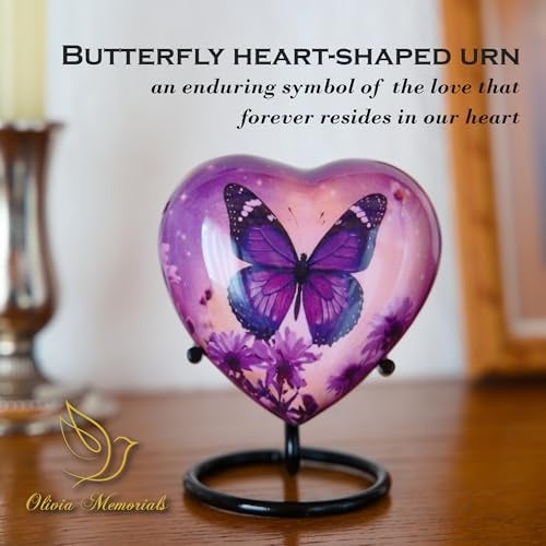 Olivia Memorials Urn for Ashes Women Men - Cremation Urns for Adult Male Female Human - Large Urns for Mom - mall Mini Keepsake (Purple Butterfly, Heart-Shaped with Stand) - Image 2