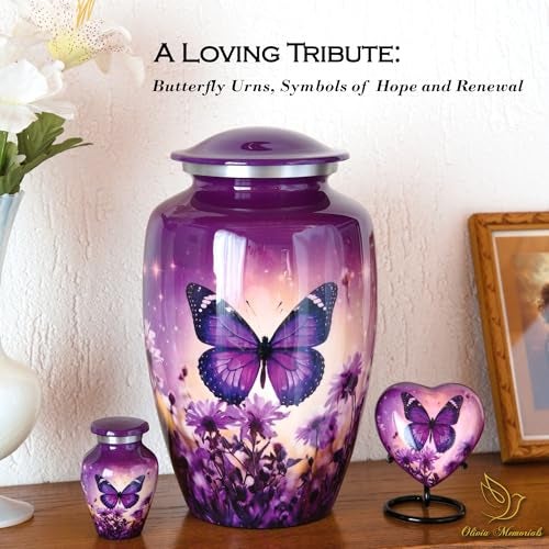 Olivia Memorials Urn for Ashes Women Men - Cremation Urns for Adult Male Female Human - Large Urns for Mom - mall Mini Keepsake (Purple Butterfly, Heart-Shaped with Stand) - Image 4