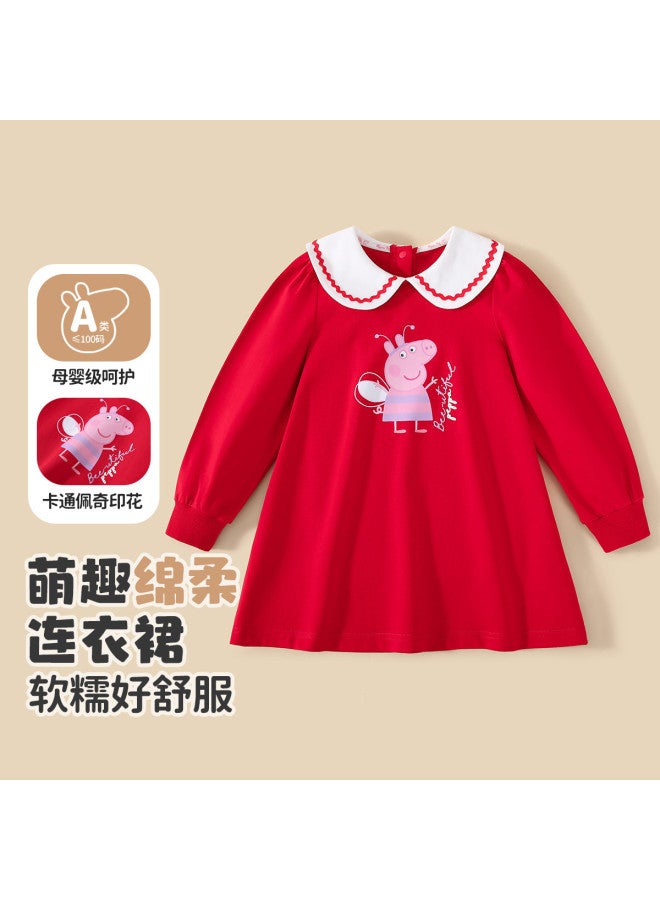 peppa Pig Spring Girls' Soft & Comfortable Dress With Adorable Turn-down Collar Mid-length Dress - Image 2