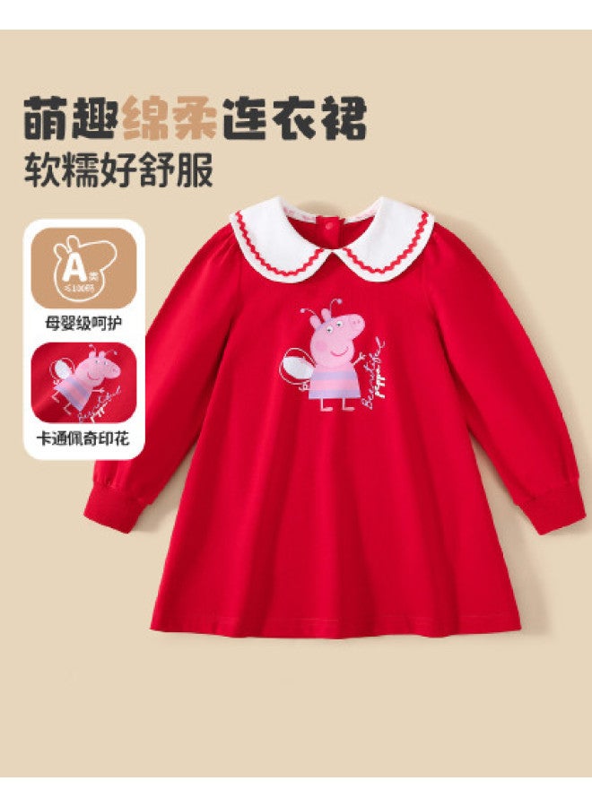 peppa Pig Spring Girls' Soft & Comfortable Dress With Adorable Turn-down Collar Mid-length Dress - Image 1
