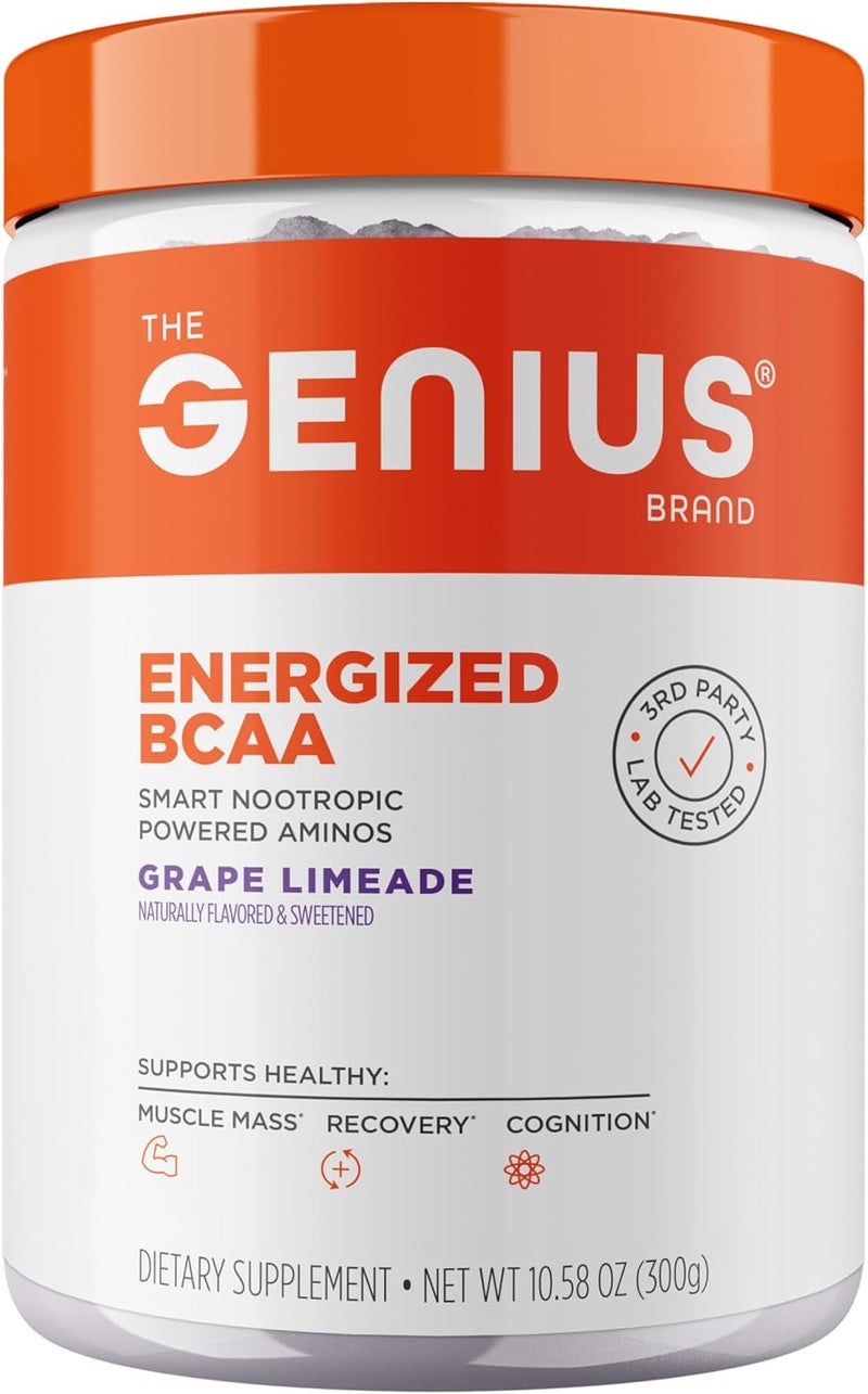 The Genius Brand Genius BCAA Powder  5g Vegan BCAAs LGlutamine Cognizin  Rhodiola Muscle Recovery Energy Support 100mg Caffeine Pre Intra PostWorkout Nootropic Supplement for Focus  Performance  Grape Limeade - Image 1