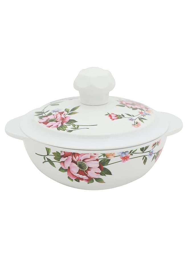 إيروريكس وعاء دائري عميق من الميلامين بمقابض وغطاء مقاس 15 سم 5.91 بوصة بتصميم زهور بيضاء للاستخدام في المطبخ والطعام في الهواء الطلق والمطاعم متعدد الأغراض لتقديم الحساء والسلطات والحبوب وما إلى ذلك - Image 1