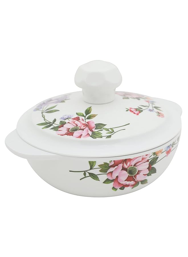 إيروريكس وعاء دائري عميق من الميلامين بمقابض وغطاء مقاس 15 سم 5.91 بوصة بتصميم زهور بيضاء للاستخدام في المطبخ والطعام في الهواء الطلق والمطاعم متعدد الأغراض لتقديم الحساء والسلطات والحبوب وما إلى ذلك - Image 2