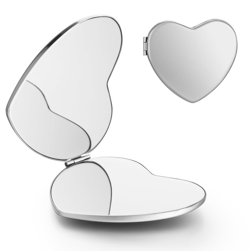 Dimeho Compact Mirror Travel Makeup Mirror Metal Pocket Cosmetic Mirrors Portable Handheld Beauty Mirror Folding DoubleSided Elegant Vanity Mirror for Men Women PurseSilverHeart Shaped