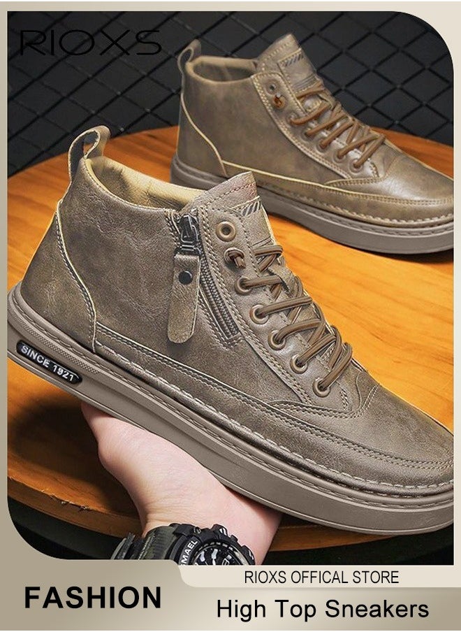RIOXS - Men's Casual Leather Boots,Fashion High Top Sneaker,Lightweight Lace Up Flat Shoes,Dressy Sneaker Ankle Boot For Men,Daily Walking Shoes For Office Family Parties Holiday Travel, Pair With Jeans Jacks Coat, Mens Athlesiure Shoes - Image 1