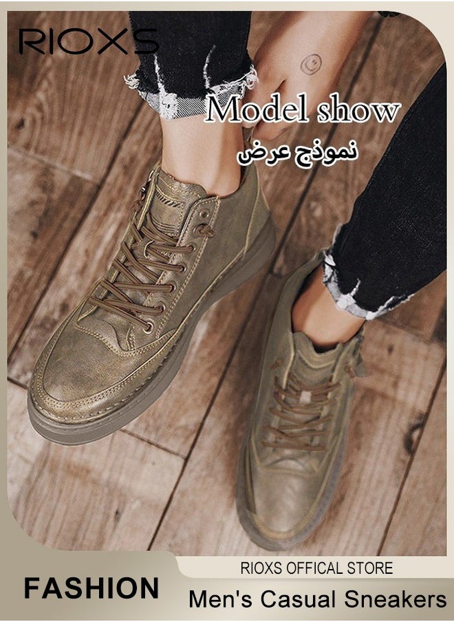 RIOXS - Men's Casual Leather Boots,Fashion High Top Sneaker,Lightweight Lace Up Flat Shoes,Dressy Sneaker Ankle Boot For Men,Daily Walking Shoes For Office Family Parties Holiday Travel, Pair With Jeans Jacks Coat, Mens Athlesiure Shoes - Image 1