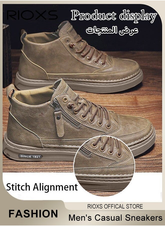 RIOXS - Men's Casual Leather Boots,Fashion High Top Sneaker,Lightweight Lace Up Flat Shoes,Dressy Sneaker Ankle Boot For Men,Daily Walking Shoes For Office Family Parties Holiday Travel, Pair With Jeans Jacks Coat, Mens Athlesiure Shoes - Image 1