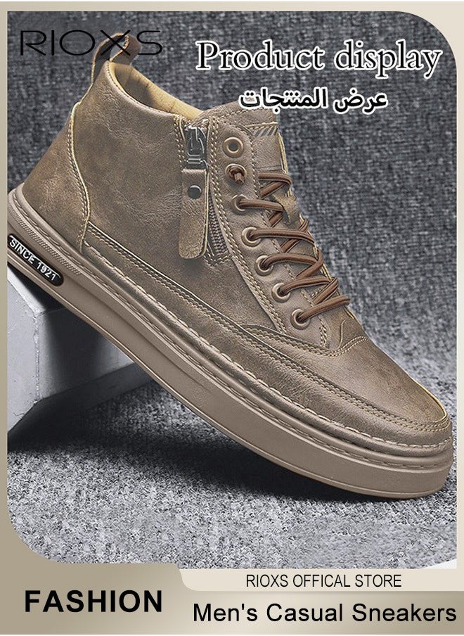 RIOXS - Men's Casual Leather Boots,Fashion High Top Sneaker,Lightweight Lace Up Flat Shoes,Dressy Sneaker Ankle Boot For Men,Daily Walking Shoes For Office Family Parties Holiday Travel, Pair With Jeans Jacks Coat, Mens Athlesiure Shoes - Image 1
