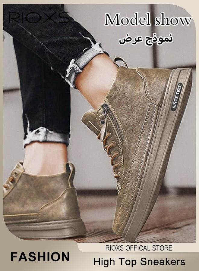 RIOXS Men's High Top Sneakers, Casual Leather Boots, Dressy Sneaker Ankle Boot for Men, Round Toe Side Zip Sneakers, Travel Height Men's Sneakers, Lightweight Ankle Bootie, Mans Non-slip Daily Walking Shoes, Fashion Boots for Office Family Parties Holiday, Comfort Mens Athlesiure Shoes Pair With Jeans Jacks Coat, Brown Footwear - Image 1