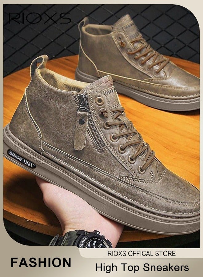 RIOXS Men's High Top Sneakers, Casual Leather Boots, Dressy Sneaker Ankle Boot for Men, Round Toe Side Zip Sneakers, Travel Height Men's Sneakers, Lightweight Ankle Bootie, Mans Non-slip Daily Walking Shoes, Fashion Boots for Office Family Parties Holiday, Comfort Mens Athlesiure Shoes Pair With Jeans Jacks Coat, Brown Footwear - Image 3