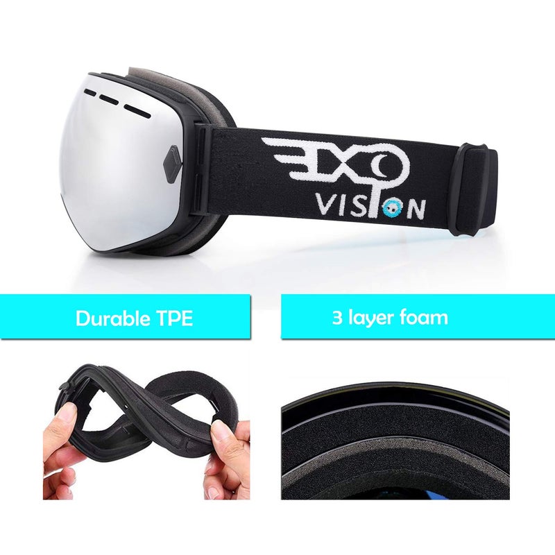 EXP VISION نظارات تزلج EXP VISION للرجال والنساء والشباب، مضادة للضباب، نظارات شتوية دائرية عدسة قابلة للفك (فضي) - Image 2