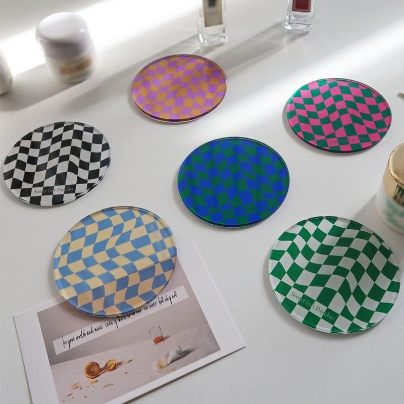 Kelendle Creative Acrylic Coasters Set of 6 Round Checkerboard Abstract Cup Mat Pad Mosaic Absorbent Coasters for Drinks Tabletop Protection for Table Bar Desk Home Decor Housewarming Gift - Image 1