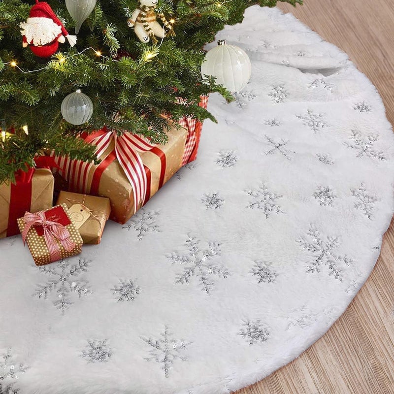 Christmas Tree Skirt  48 Inches Large Snowy White Faux Fur Tree Skirt with Silver Snowy Pattern for Christmas Decorations Perfect