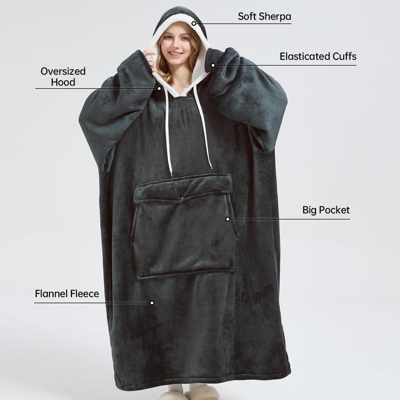 Qeils Wearable Blanket Hoodie for Women, Comfy Sherpa Sweatshirt Blanket as Birthday Christmas Gifts, Oversized Pullover Jacket Blanket Hoodie for Adult (Dark Grey, Oversized) - Image 3