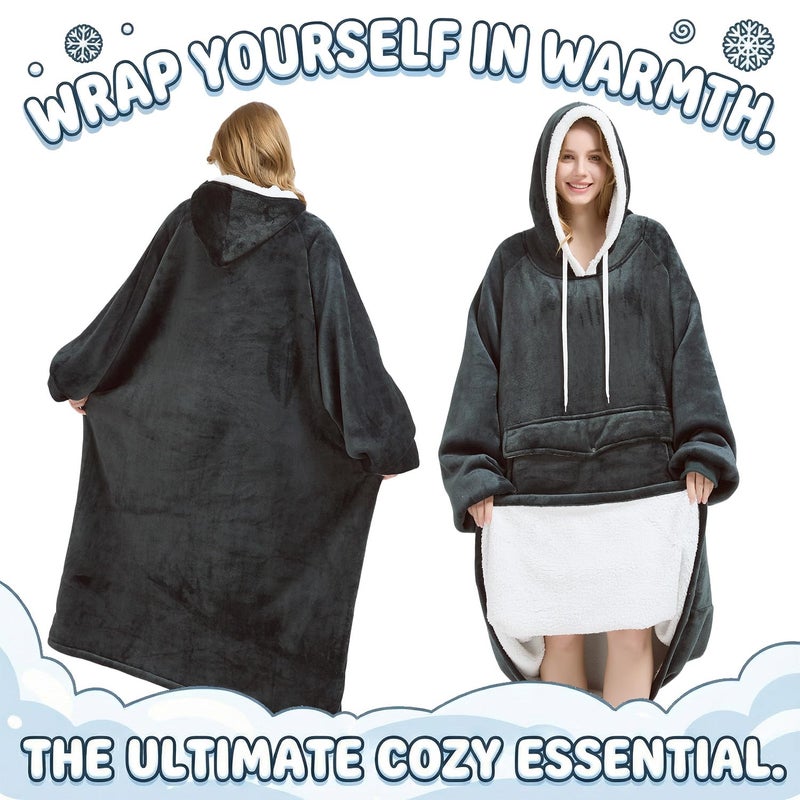 Qeils Wearable Blanket Hoodie for Women, Comfy Sherpa Sweatshirt Blanket as Birthday Christmas Gifts, Oversized Pullover Jacket Blanket Hoodie for Adult (Dark Grey, Oversized) - Image 4