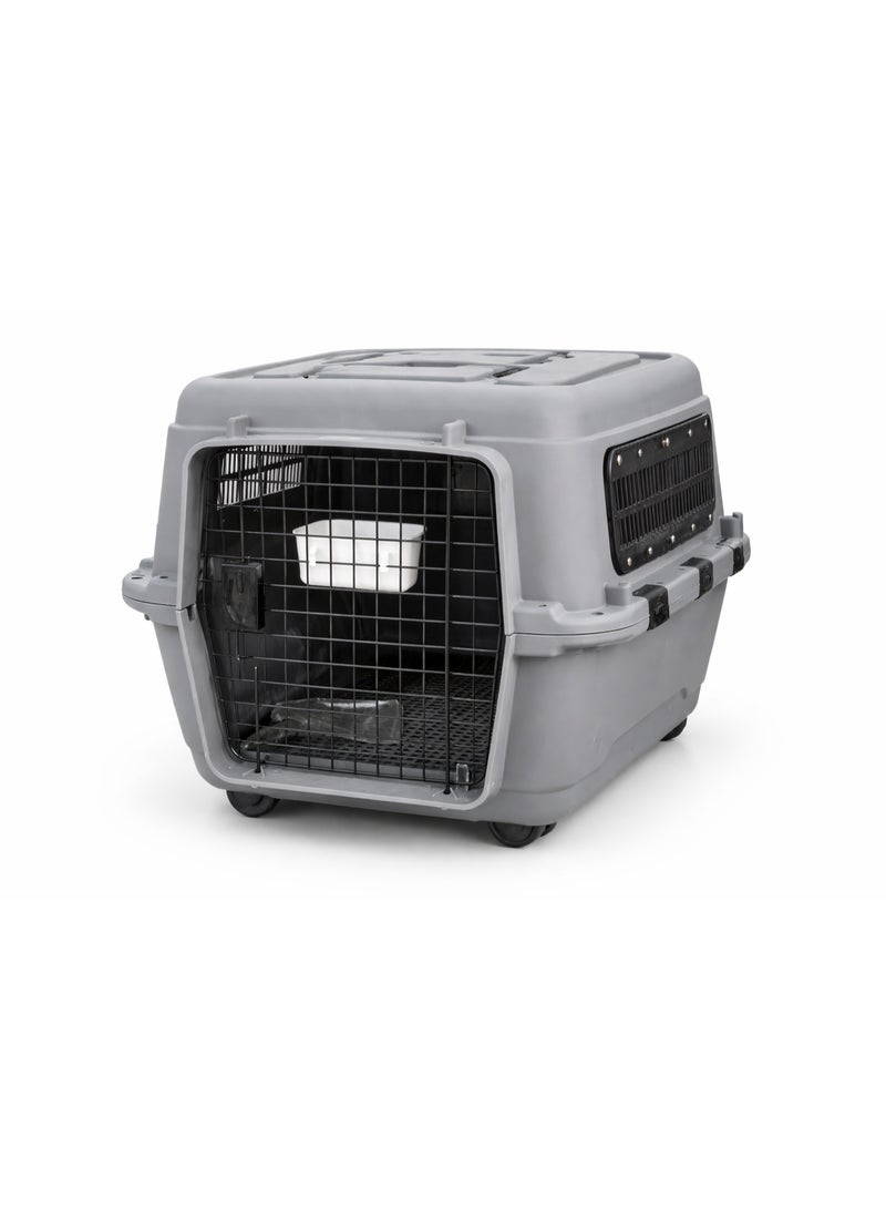 Heavy-Duty Pet Carrier Crate, Grey, with Secure Metal Door, Wheels, Travel Kennel, 70 cm