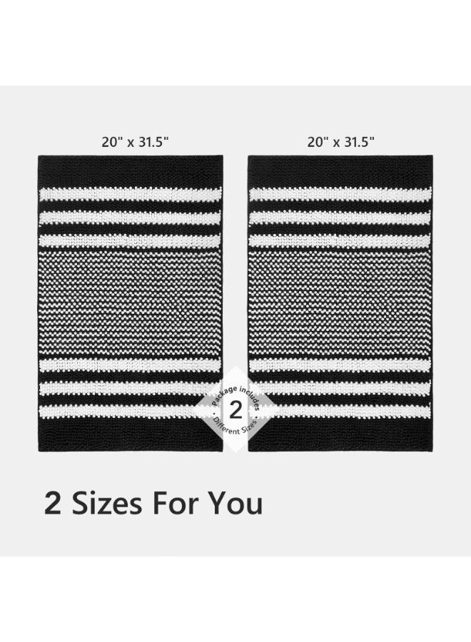 Bathroom Rugs 20" x 32" Chenille Striped Black And White Set - Extra Soft Comfort Fluffy Bath Mat For Shower Areas - Image 5