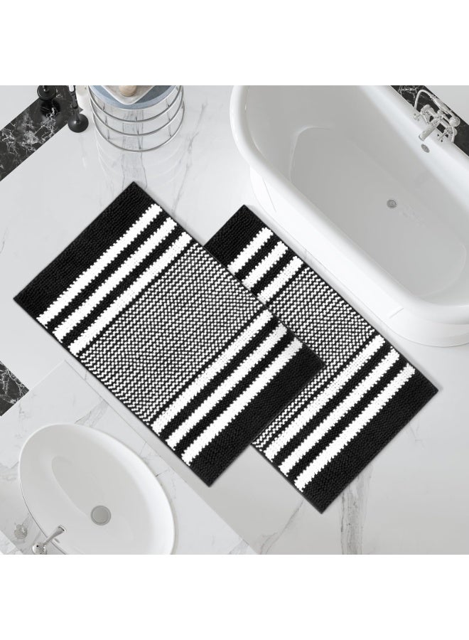 Bathroom Rugs 20" x 32" Chenille Striped Black And White Set - Extra Soft Comfort Fluffy Bath Mat For Shower Areas - Image 1