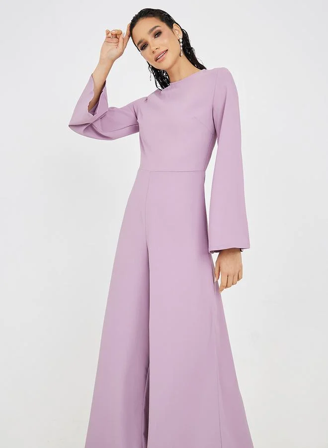 Styli Solid Wide Leg Flared Sleeve Jumpsuit