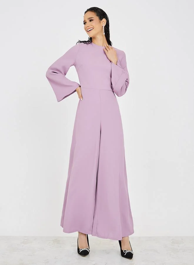 Styli Solid Wide Leg Flared Sleeve Jumpsuit