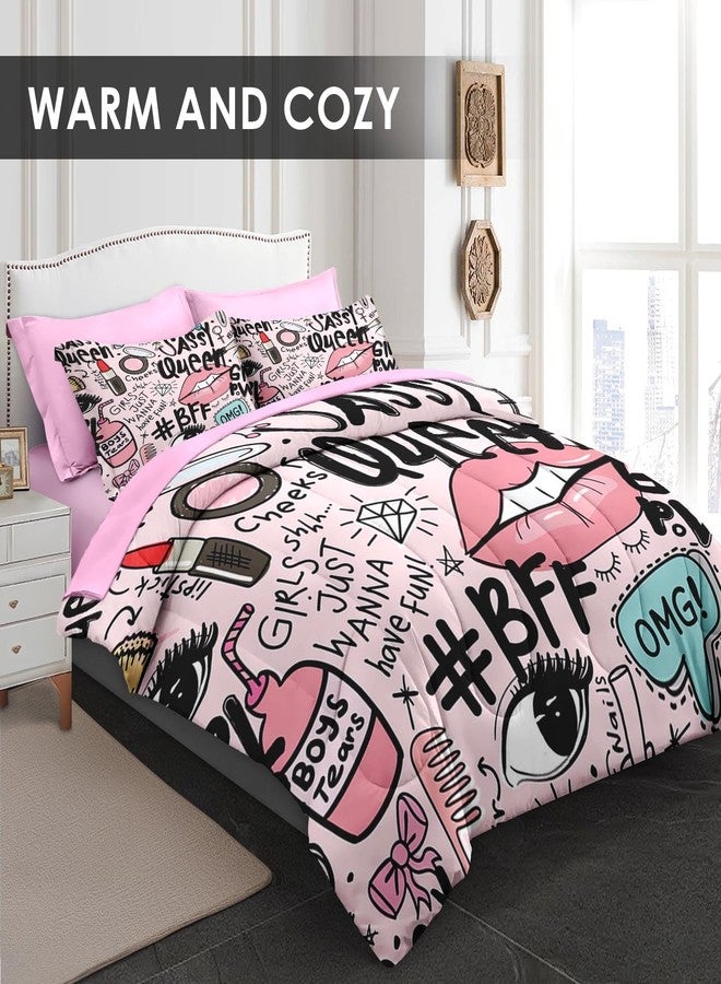 Pamnest Comforter Set Queen Size, Makeup Pink Queen 7 Pcs Bedding for Kids and Adults, Women Diamond Cute Bed Sheet Sets with Fitted Sheet 2 Pillowcases & 2 Shams for Bedroom Bed Decor - Image 2