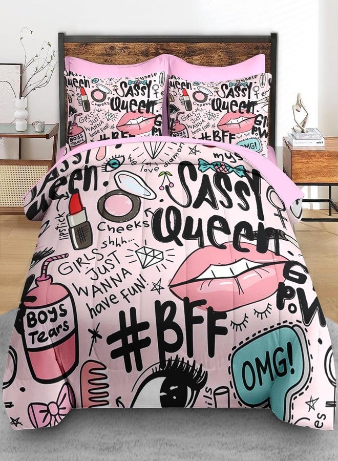 Pamnest Comforter Set Queen Size, Makeup Pink Queen 7 Pcs Bedding for Kids and Adults, Women Diamond Cute Bed Sheet Sets with Fitted Sheet 2 Pillowcases & 2 Shams for Bedroom Bed Decor - Image 3