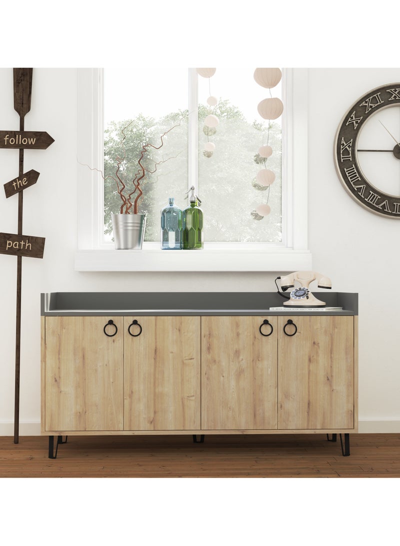 Mourah Home Dea Console - Modern Sideboard with 4 Doors with Elevated Legs - Storage Cabinet for Living Room, Lounge, Dining Room, Kitchen, Hallway - 36x80x140 CM (Oak/Dark Grey) - Image 1