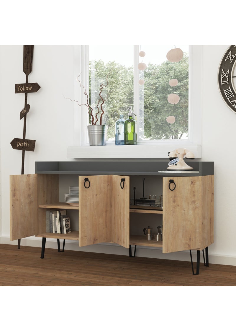 Mourah Home Dea Console - Modern Sideboard with 4 Doors with Elevated Legs - Storage Cabinet for Living Room, Lounge, Dining Room, Kitchen, Hallway - 36x80x140 CM (Oak/Dark Grey) - Image 3