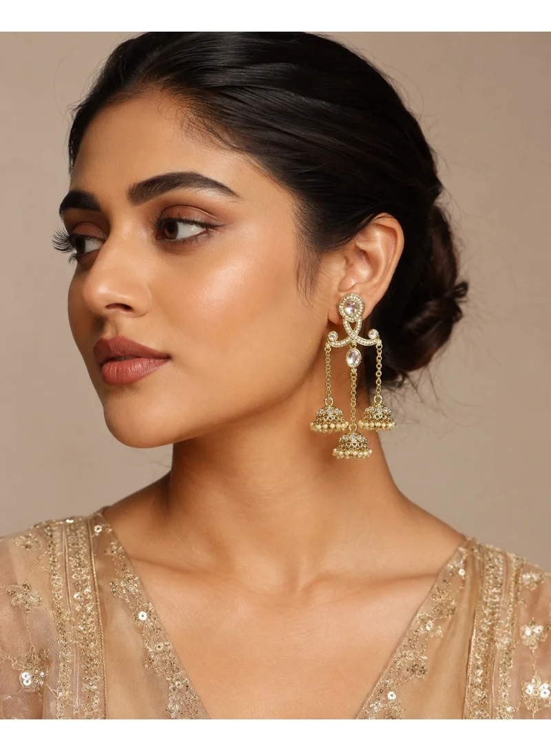 Lehar Imitation Gold-Tone Pearl Triple Jhumka Statement Kashir Dangler Earrings
