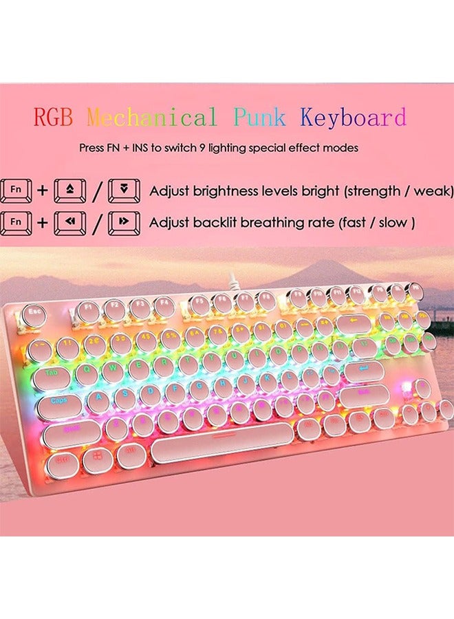 general Mechanical Gaming Keyboard,87 Key Retro Punk Typewriter-Style,Blue Switch Rainbow Backlit Keyboard, USB Wired, for PC Laptop Desktop Computer (Pink) - Image 2