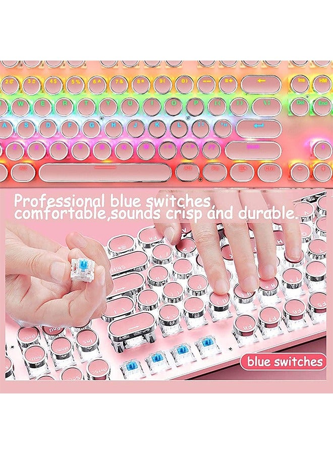 general Mechanical Gaming Keyboard,87 Key Retro Punk Typewriter-Style,Blue Switch Rainbow Backlit Keyboard, USB Wired, for PC Laptop Desktop Computer (Pink) - Image 3