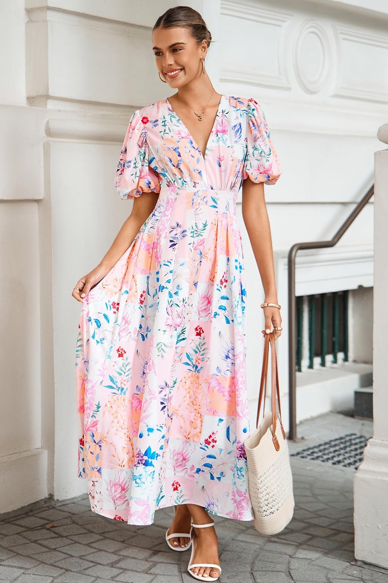 Maxigerui Women's Summer Floral Maxi Dress Spring Wedding Guest Dress 2026 Pink Blue Floral Print XL - Image 2