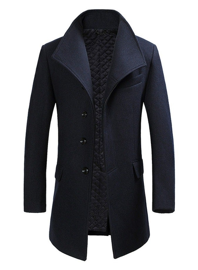 Loquat Mens Slim Fit Winter Thick Jackets Stand Collar Windbreaker  Overcoats Business Coats Navy Blue  - Image 1