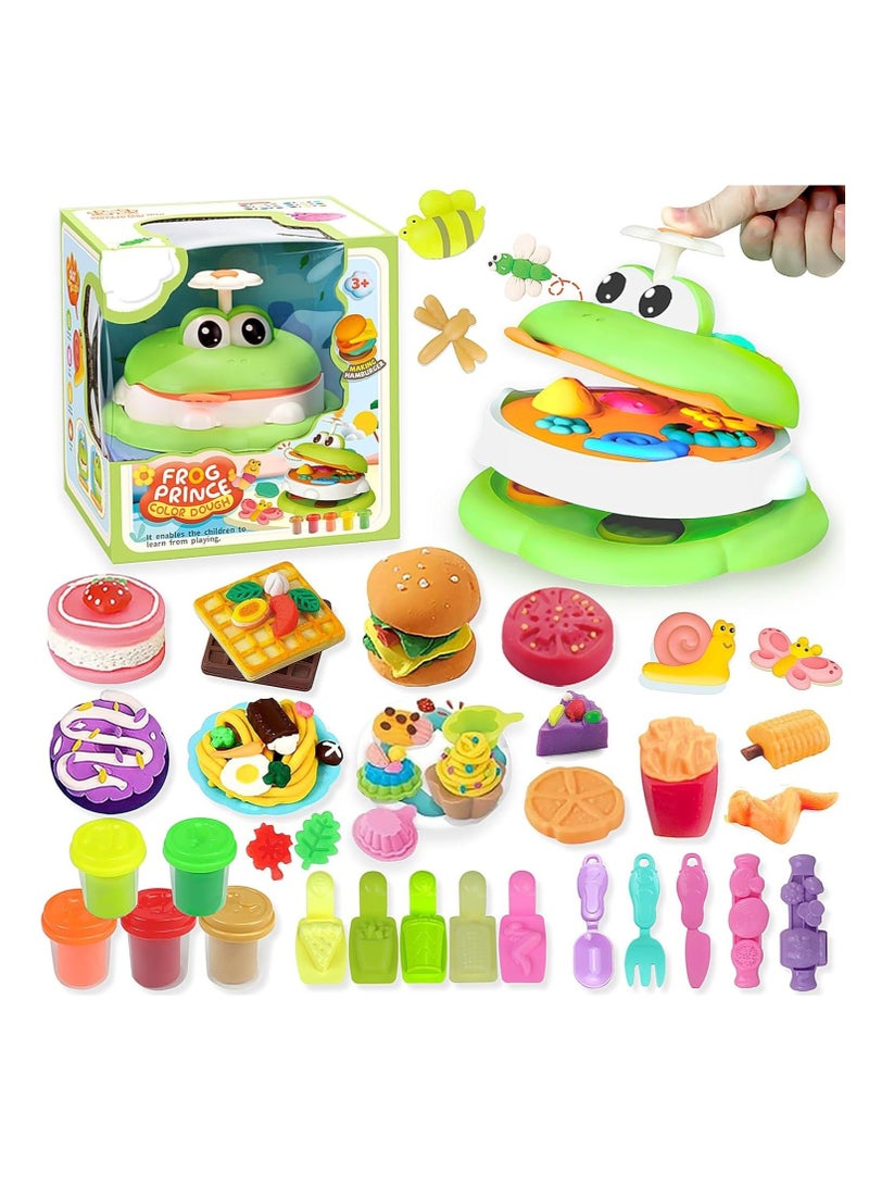 18 Pcs Playdough Set for Kids Ages 4-8 with Frog Maker Machine Burger Kitchen Creations Play Dough Bulk Molds and Color Dough DIY Handmade Toys Kit for Toddler Set - Image 1