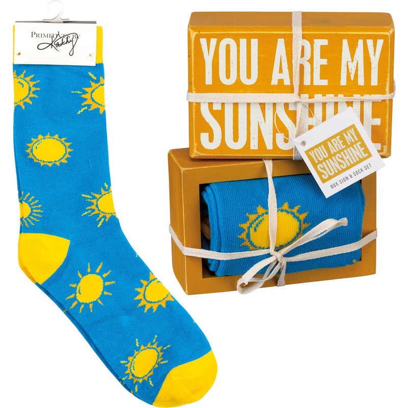 Primitives by Kathy Primitives by Kathy Decorative Box Sign  Pair of Socks Gift SetYou are My Sunshine One Size Blue Yellow