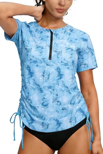 Halcurt Womens Half Zip Short Sleeve Rash Guard Swim Shirt with Tie Drawstring UPF50 Swimsuit Top Blue Butterfly S - Image 1