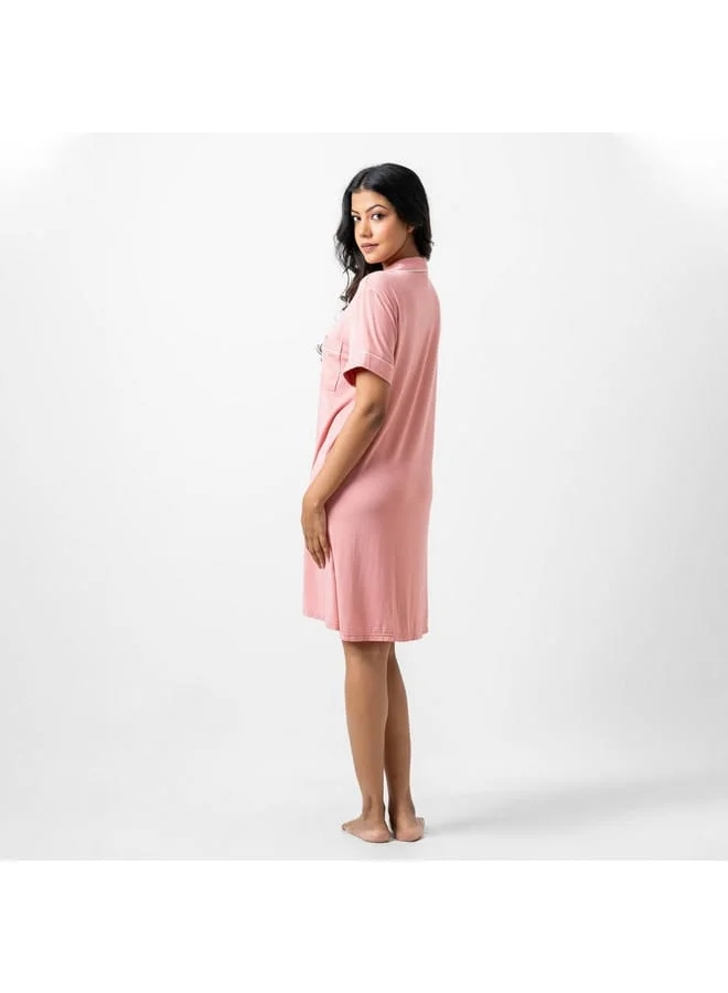 Aadaraya Aadaraya Solid Sleepshirt with Short Sleeves and Chest Pocket