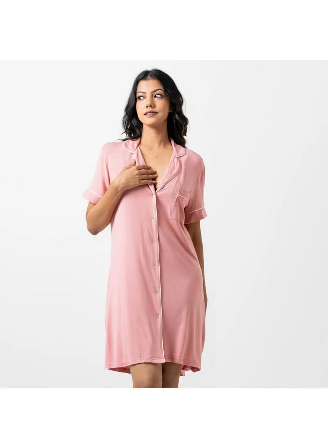 Aadaraya Aadaraya Solid Sleepshirt with Short Sleeves and Chest Pocket