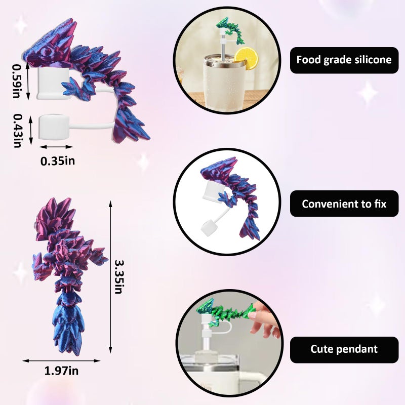 Habbiful 2 PCS Dragon Straw Toppers for Stanley Cups Silicone 3D Printed Dragon Straw Covers Compatible with Stanley 30 & 40oz Cup Accessories for Gifts Birthday Party Decoration - Image 2