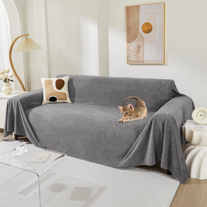 COUCH COVER FOR 3 CUSHION CAT SCRATCH PROOF SOFA COVERS WASHABLE COUCH PROTECTOR SECTIONAL COUCH COVERS FOR DOGS SOFT L SHAPE SOFA SLIPCOVER FOR PETS KIDS 91 X 134 GREY