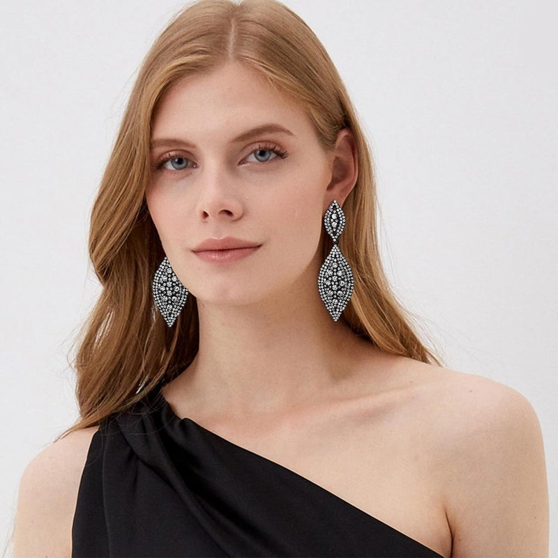 Flyonce Women's Rhinestone Crystal Wedding Bridal 2 Leaf Drop Dangle Chandelier Earrings - Image 4