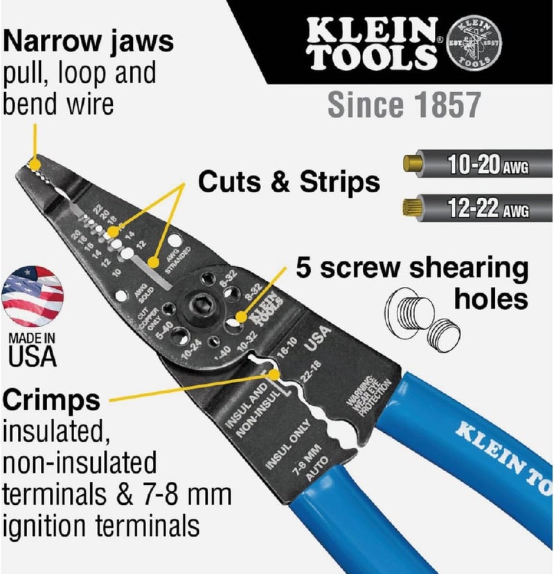 Klein Tools 1010 Multi Tool Long Nose Wire Cutter, Wire Crimper, Stripper and Bolt Cutter Multi-Purpose Electrician Tool, 8-Inch Long - Image 1