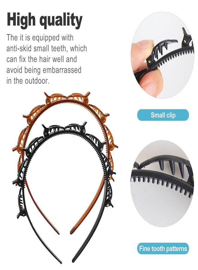 CoguZed 2 Pack Clip Headbands for Women, Double Layer Toothed Hairband with Clips Attached, Multi-functional Hairband for Braided Styling, Black & Brown - Image 3