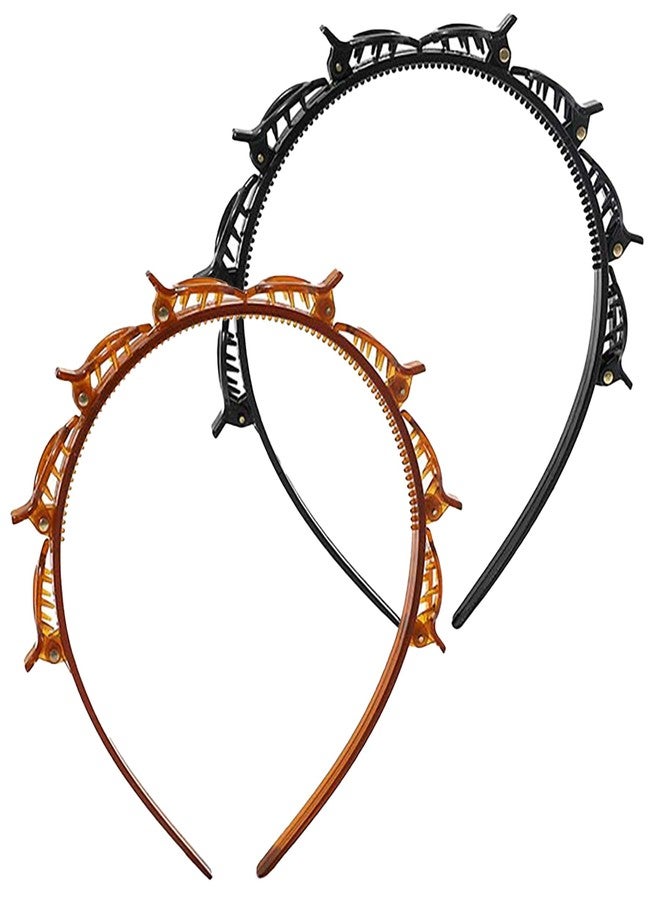 CoguZed 2 Pack Clip Headbands for Women, Double Layer Toothed Hairband with Clips Attached, Multi-functional Hairband for Braided Styling, Black & Brown - Image 1