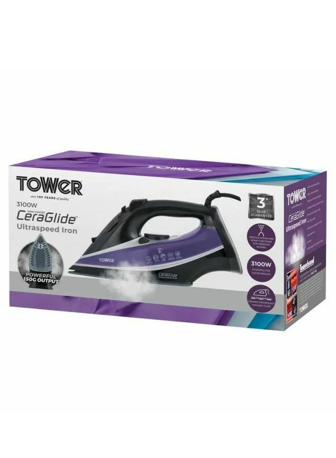 Tower Tower 3100W UltraSpeed Steam Iron with 360ml Water Tank, CeraGlide Ceramic Soleplate, 180g Steam Boost, Vertical & Horizontal Steaming, Anti-Drip, Anti-Calc, Self-Clean – Black/Purple  - Image 4