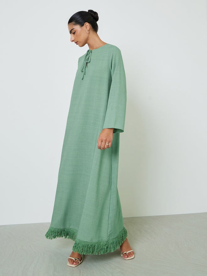 Styli Green Tasseled Hem A-Line Jalabiya - Image 3