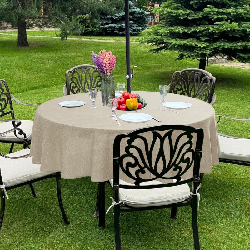 Outdoor Tablecloth with Umbrella Hole  Patio Table Cloth Zippered Round 60 Inch LinenLook Polyester Table Cover Water Resistant for Picnic Outside Natural Color